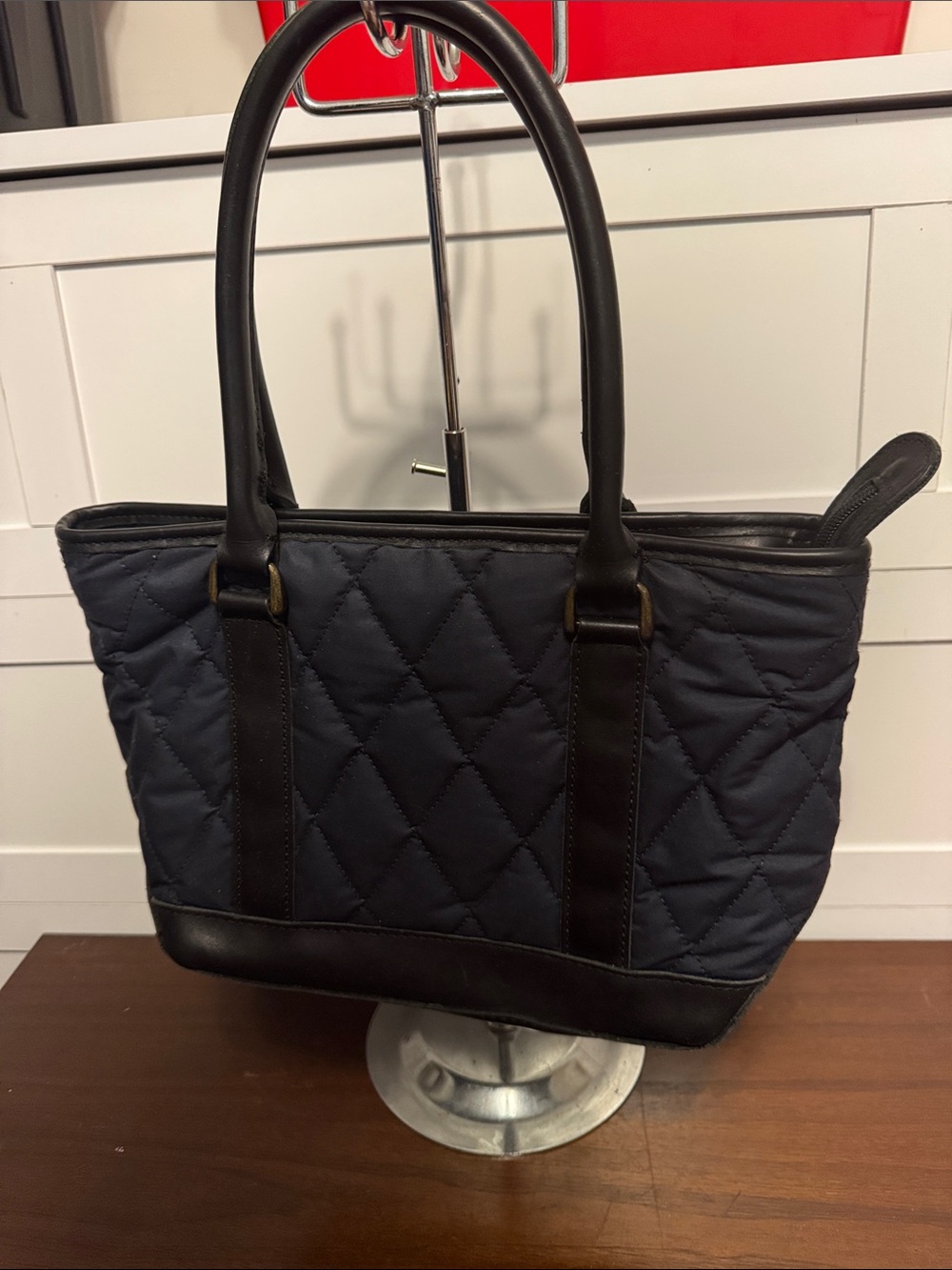 L.L. Bean Navy Quilted Tote with Black Leather Trim